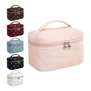 <b>Quilted</b> Bow Embossed Makeup Bag with Sturdy Handle <b>Double</b> Zippers Cosmetic Organizer Bag for Travel - Product Image 1