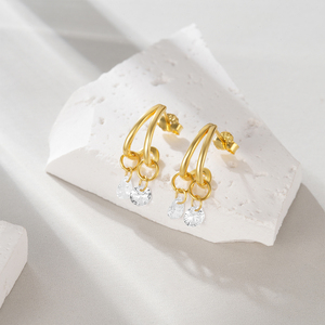 Boucles d'oreilles pendantes de créateur en argent sterling S925 plaqué or, motif trèfle, fleur, pompon et goutte d'eau en oxyde de zirconium pour femme - Product Image 3