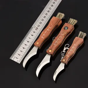ブラシ付きプロの両刃マッシュルームナイフ木製ハンドルポケット折りたたみナイフ