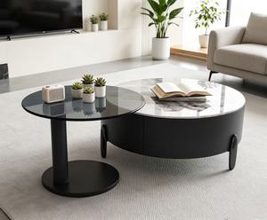 Modern Round <b>Coffee</b> <b>Table</b> <b>Set</b> Tempered Glass Top Metal Frame Storage Drawer Living Room Furniture - Product Image 3