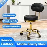 Tabourets de Luxe Noirs et Dorés pour Techniciennes Ongulaires, Tabouret Rond de Salon, Petit Tabouret de Luxe pour Esthéticiennes avec Selle et Support Dorsal