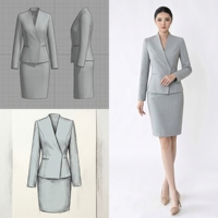 Ensemble de tailleur OEM ODM gris pour femme, jupe formelle, blazer ajusté à col montant, jupe crayon, chemisier à nœud papillon, pour bureau, hôtel, réception