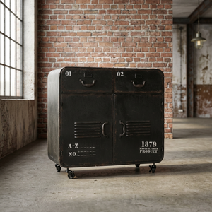 Industrial Antique Vintage 2-Door Storage Side <b>Board</b> Rustic Iron Finish Home Furniture <b>Wheels</b> Living Room Kitchen Farmhouse - Product Image 2
