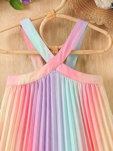 Sommerkleid für Babys ab 6 Monaten, Lässige Baumwollkleidung mit Knöpfen, Lebhaftes Regenbogen-Design, Plissierter Rock, Wellenförmiger Kragen, Prinzessinnenkleid in Knielänge - Product Image 3