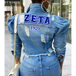<span class=keywords><strong>Veste</strong></span> <span class=keywords><strong>en</strong></span> <span class=keywords><strong>jean</strong></span> Delta Dear Zeta Sgrho DST Sorority à manches courtes effilochées imprimées avec l'alphabet grec Delta Girl, tailles S à 3XL, faible MOQ - Product Image 5
