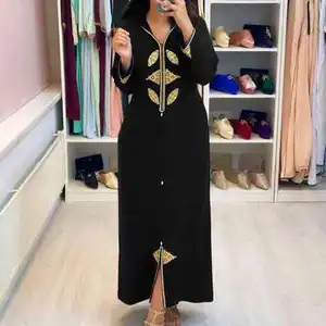 gaun elegan hijab Suppliers-Gaun Wanita Lengan Panjang, Gaun Wanita Elegan Motif Hijab Dubai, Gaun Vintage Muslim Abaya Dubai, Gaun Panjang Musim Gugur