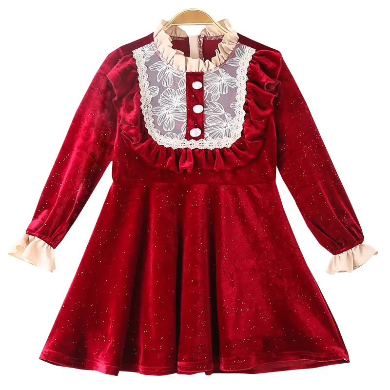 Girls' Dresses For Fall 2021 New Children Korean Velvet Princess Dress Girls Red Lace European And American Style Dress