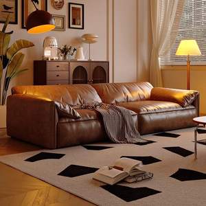 French Retro Elephant Ear <b>Leather</b> <b>Sofa</b> Brown Vintage Style One Line Upholstered Living Room <b>Sofa</b> - Product Image 3