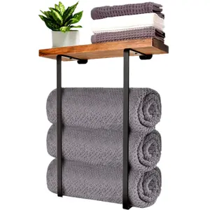 Bathroom Storage Organizer Wall Mounted With Wooden Shelf Metal Steel Towel Holder Rack Shower Room