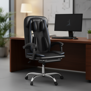 Sedia da Ufficio in Pelle PU Nera con Funzione Massaggio, Braccioli Regolabili, Poggiatesta Integrato, Girevole, Base in Metallo - Product Image 2