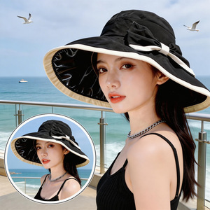 Sombrero de pescador de ala ancha con protección solar, transpirable, con lazo, para mujer, adulto, de color sólido, de algodón, plegable. - Product Image 2