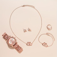 Ensemble 6 Pièces Montre à Quartz de Luxe Or Rose pour Femme Bague Collier Boucles d'Oreilles Strass Tendance Décontracté Montres Bracelets pour Dames