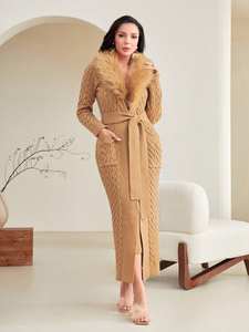 Abito Slim in tinta unita personalizzato invernale con colletto felpato <span class=keywords><strong>cintura</strong></span> pelosa <span class=keywords><strong>Cardigan</strong></span> lungo lavorato a maglia 2 pezzi completo maglione da donna - Product Image 5