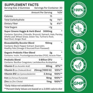 Gummies Super Greens aux légumes et herbes, soutien immunitaire avec spiruline, chlorelle, brocoli, épinards, chou frisé, persil - Product Image 2