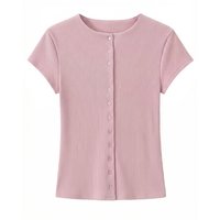 UNIZERA Kaos Wanita Lengan Pendek Warna Pink Model Slim Fit Kerah Lurus Berbahan Ribbed dengan Kancing Depan, Koleksi Musim Panas 2026 Terbaru 0347324