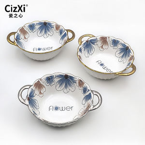 Ciotole per zuppa bianche blu in ceramica floreale con fiore goffrato bianco sfuso nordico - Product Image 2