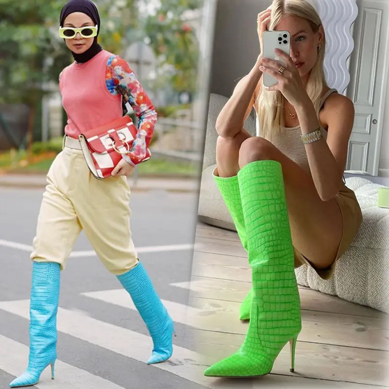 2022 New Arrival Latest Style Pointy Stiletto Knee High Heels Women Female Crocodile Casual Walking Thigh High Boots Shoes Pumps