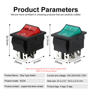 สวิตช์เปิด/ปิด4พิน/6Pin KCD4สวิตช์ไฟ16A 250VAC/ 20A 125V 35x25.5x10mm - Product Image 4