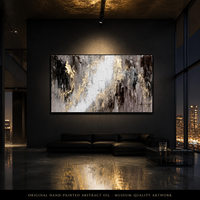Peinture murale abstraite expressionniste dorée à effet dorure à chaud, ambiance sombre et dramatique, sur toile, pour salon, hôtel, décoration de luxe
