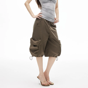Wholesale Custom Logo <strong>Women</strong> Oversized <strong>Knee</strong> <strong>Length</strong> <strong>Cargo</strong> <strong>Shorts</strong> Big Flap Side Pockets Adjustable Drawstring Hem Wide Leg <strong>Shorts</strong> - Product Image 4