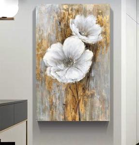 Fiori bianchi dipinti a mano pittura murale Bouquet gigli <span class=keywords><strong>girasoli</strong></span> selvatici pittura a olio <span class=keywords><strong>con</strong></span> foglia d'oro decorazione soggiorno - Product Image 2
