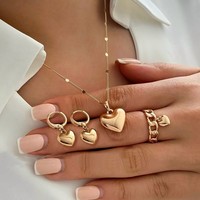 Ensemble de bijoux pour femmes, 4 pièces, plaqué or, style punk simple, collier, bagues, boucles d'oreilles, ensemble de bijoux en forme de cœur