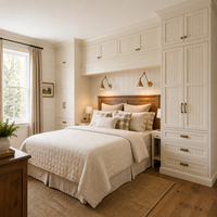 Système d'ameublement de chambre sur mesure intégré avec armoire intégrée, panneaux muraux et rangement au-dessus du lit