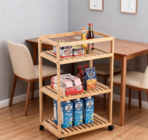 Keranjang troli lipat bambu tiga tingkat Modern dengan rak penyusun tipe berdiri pemegang mangkuk dapat dilipat untuk buku bunga - Product Image 2