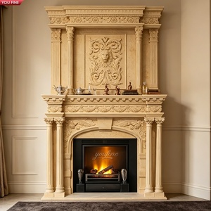 <span class=keywords><strong>Cheminée</strong></span> à double couche YOUFINE en marbre crème sculpté à la main avec manteau de <span class=keywords><strong>cheminée</strong></span> à motif acanthe, lion et colonnes cannelées pour villa - Product Image 1