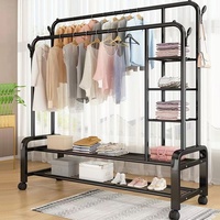 Barre de suspension double en métal légère, très vendue, avec étagères de rangement et roulettes pour chambre à coucher