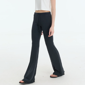 Wholesale Solid Color Knitted Low Waist Micro Flare Slim Casual <b>Pants</b> for Women Soft Stretch Knit Drawstring Lounge Trousers - Product Image 5