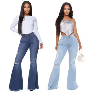 <span class=keywords><strong>Bufa</strong></span> Jean Usine Style Rétro Respirant Denim XL Skinny Pantalon Évasé pour Femme Taille Moyenne Slim Fit Western Lavé Simple Été - Product Image 2