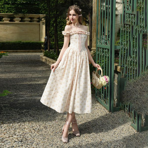 Vestido Midi Corsé Floral Estilo Cottage Core con Hombros Descubiertos, Espalda con Volantes y Lazo, Vestido de <span class=keywords><strong>Princesa</strong></span> Dulce Estilo Hada con Corte en A, Prenda Floral - Product Image 3