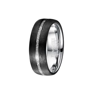 8毫米轻豪华钨钢戒指银黑色镶嵌碳纤维仿陨石钨钢戒指指环238