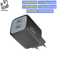 Chargeur rapide GaN 45W PD, prise EU, USB-A / Type-C + Type C, double ports, certifié CE, matériau ignifuge pour PC, compact, léger, portable