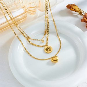 Collier en acier inoxydable <span class=keywords><strong>multi</strong></span>-couches, étanche et inaltérable, avec pendentif cœur en zircon incrusté et motif arbre de vie ajouré - Product Image 2