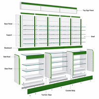 Vitrine de pharmacie avec écran LED, étagères à niveaux robustes, corps principal blanc + accents turquoise, comptoir en verre, 6 sections