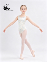Maillot de Ballet de Terciopelo Floral Blanco y Azul para Niñas Anna Shi, sin Mangas, para Gimnasia, Danza y Clases de Baile