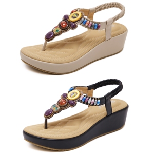 Mới chống trượt của phụ nữ mùa hè bãi biển retro đính cườm kích thước lớn nêm dép cổ điển quá khổ Thời Trang Giày phụ nữ - Product Image 2