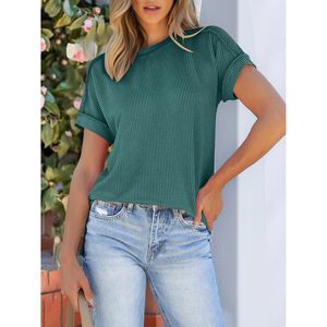 Womens Short Sleeve Ribbed Knit <b>Top</b> Crewneck <b>High</b> Low Hem Casual Spring Summer <b>Tops</b> Soft Pullover Women's Knitwear - Product Image 3