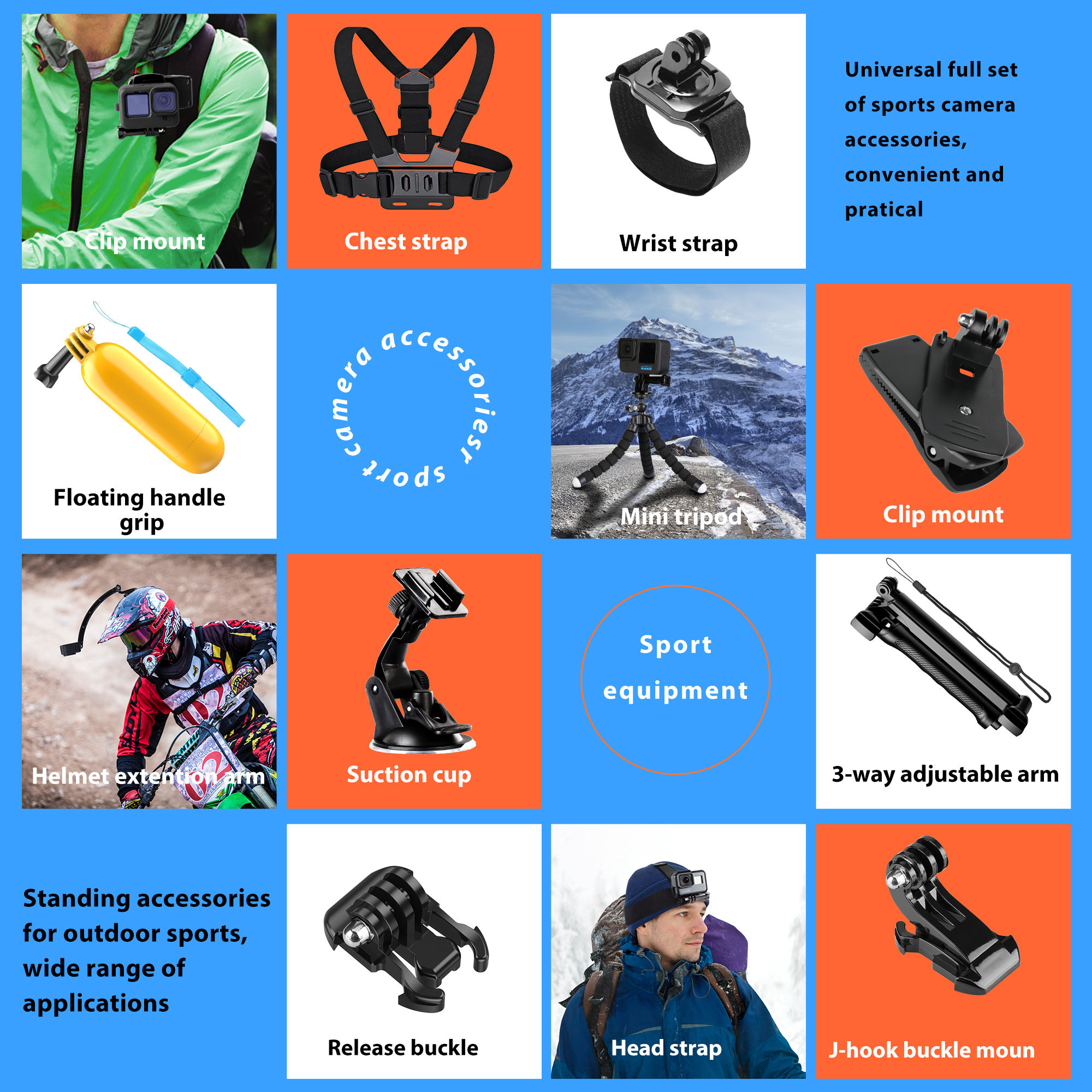 Hongdak Action Camera Accessories Set for Gopro Hero 13 12 11 10 for Xiaomi Yi Insta360 X4 X3 Case Kit Strap Mount Selfie Stick