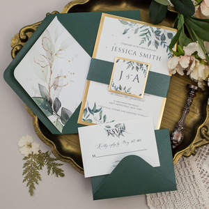 Invitación <span class=keywords><strong>de</strong></span> <span class=keywords><strong>Boda</strong></span> Económica con Tapa Dura Verde Esmeralda, Cintas Decorativas, Tarjetas <span class=keywords><strong>de</strong></span> Confirmación <span class=keywords><strong>de</strong></span> Asistencia y Sobres, Invitación Personalizada para Celebración - Product Image 1