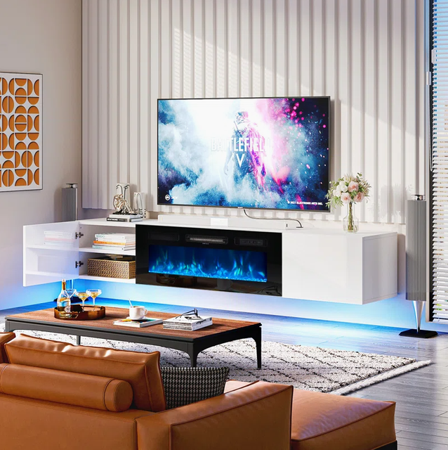 70" Floating Fireplace TV Stand for TVs up to 80" Wall Mounted Media Console with LED Lights High-Gloss Cabinet for Living Room