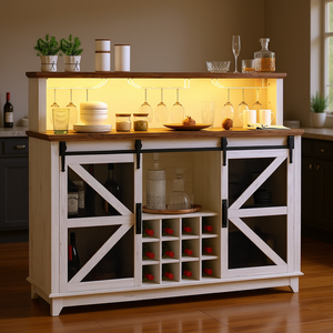 Mobile Bar bianco fattoria da 55 pollici con luci per vino e vetro per cucina e sala da pranzo - Product Image 2