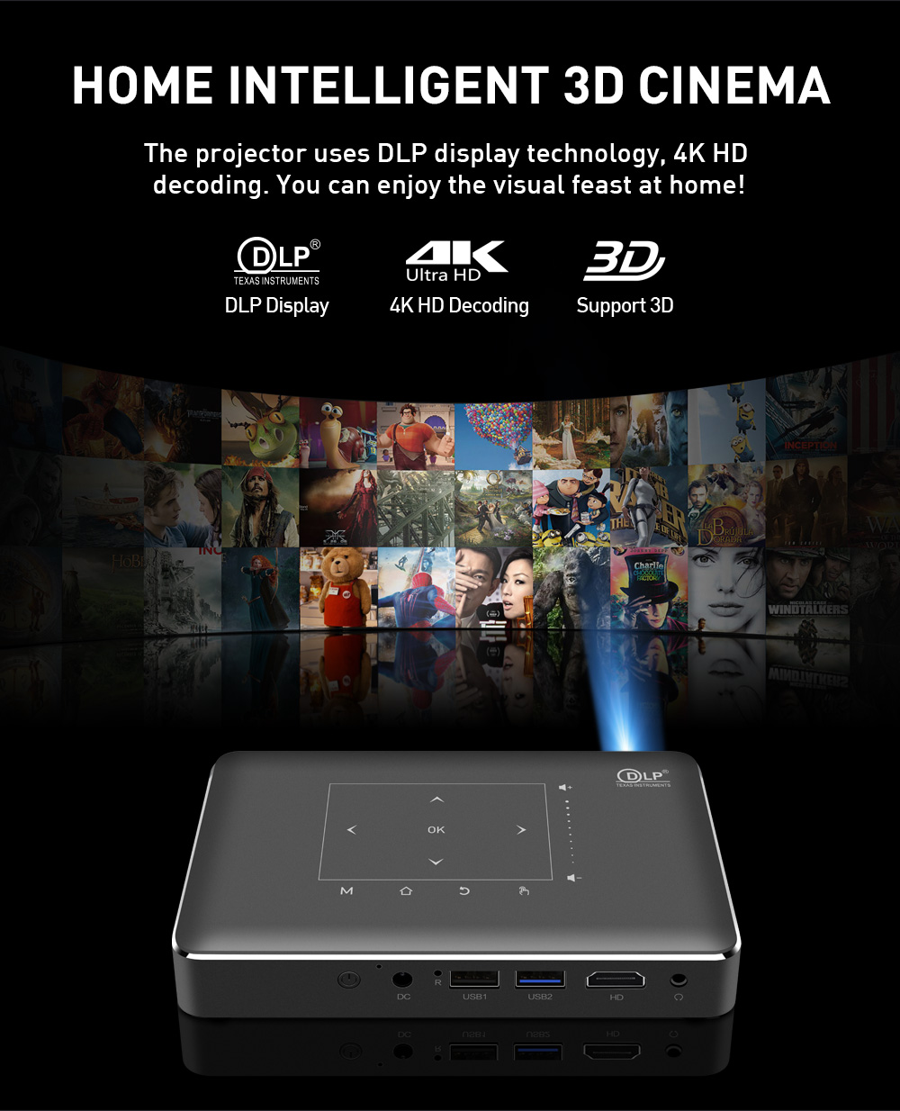 [YIDAHAI P10]150 ANSI LUMENS LED+DLP smart Android 9 Video 4K Digital hd portable Mobile home theater ai smart Projector