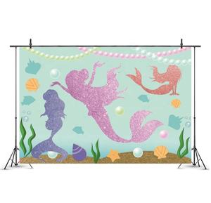 Fondale per Festa di Compleanno della Sirenetta 7x5ft, Sotto il Mare con Collana di Perle Scintillanti, Conchiglie e Banner per Tavolo Torta Viola - Product Image 6