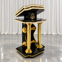 Pupitre de conférence noir et or brillant avec étagères de rangement pour réceptions de mariage, banquets d'hôtel et événements