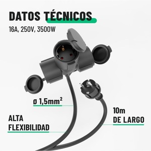 Cable de extensión europeo impermeable de 16A con 3 enchufes, cable de goma IP44 para exteriores, para electrodomésticos. - Product Image 4