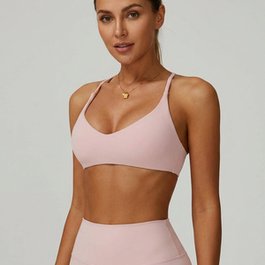 Wholesale Women V Neck Thin Strap Cross <b>Back</b> Sports <b>Bra</b> Removable Pad <b>Low</b> Support Nude Soft Gym Fitness Yoga <b>Bra</b> - Product Image 1
