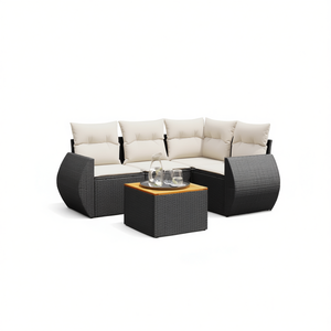 Conjunto de sofás de ratán moderno para patio, 6 plazas, negro y crema, seccional para jardín exterior con mesa de centro - Product Image 1